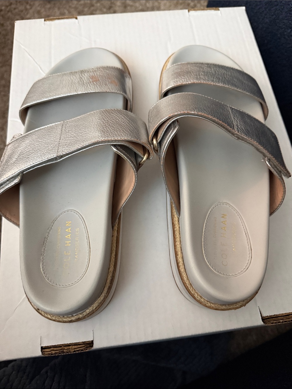 Cole Haan Silver Metallic Double-Strap Slide Sandals